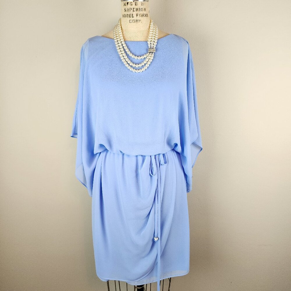 Pale Blue Boat Neck Dress with Chiffon Overlay Draped Sleeves & Tie Belt  Sz 10